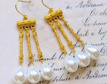 BYZANTINE Inspired Antique Gold Earrings with Faux Pearl Accents, A bit of Bygone Glamour, Bridal, Formal, Carved Ancient Artefacts