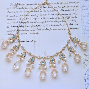 AURORA, REGENCY Inspired Statement Necklace with Cubic Zirconia & Glass Pearl Accents, A bit of Bygone Glamour, Bridal, Wedding, Formal