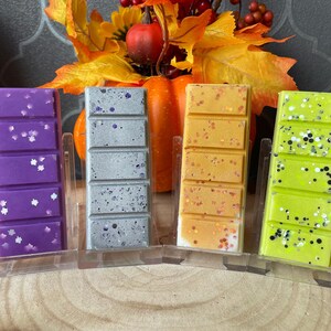 May include: Four rectangular wax melt bars in purple, silver, orange, and lime green, each divided into five segments. The purple bar has white leaf-shaped glitter, the silver has dark speckles, the orange has copper glitter, and the lime green has black and white glitter.
