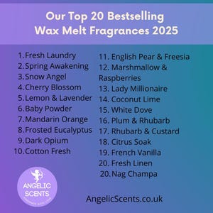 Op de afbeelding: Een lijst van de 20 best verkochte wassmeltgeuren voor 2025, waaronder Fresh Laundry, Cherry Blossom en Coconut Lime. De afbeelding heeft een paarse en blauwe gradi&euml;nt achtergrond met de tekst "Our Top 20 Bestselling Wax Melt Fragrances 2025".