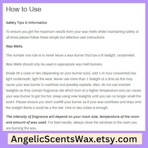 May include: A white informational document titled How to Use, providing safety tips for wax melts. It instructs users to never leave a lit tealight unattended, use appropriate burners, and avoid scented tealights. The URL AngelicScentsWax.etsy.com is at the bottom.