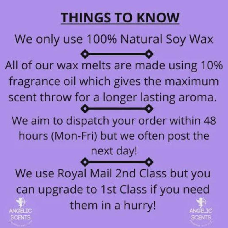 May include: A light purple informational graphic with black text titled THINGS TO KNOW. It states the use of 100% Natural Soy Wax and 10% fragrance oil for wax melts. It includes shipping details and the Angelic Scents logo at the bottom corners.