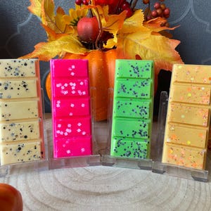 May include: Four rectangular wax melt bars standing upright in clear plastic holders. The bars are coloured pale yellow with black glitter, bright neon pink with white star glitter, lime green with black glitter, and orange with orange glitter.