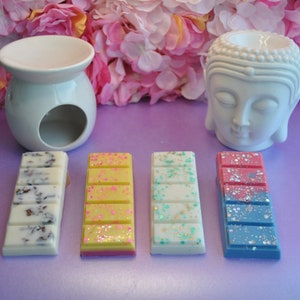 May include: Four rectangular wax melts arranged in a row. The first is white with dark botanical inclusions, the second is yellow with pink glitter, the third is white with teal glitter, and the fourth is a pink and blue gradient with silver glitter.