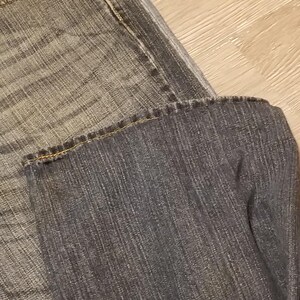 May include: Close-up of denim jeans in shades of gray and blue. The jeans are folded, showing the texture of the fabric and the stitching details. The image highlights the worn look of the denim.