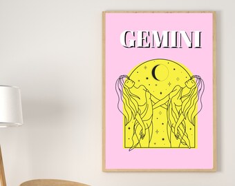 Gemini Art, Gemini star sign, Gemini zodiac art, Gemini female print, Astrology, Digital print, Celestial, Horoscope, Wall Art, Wall Prints