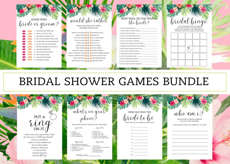 Tropical Bridal Shower Game Bundle, AMERICAN and AUS Spelling Games