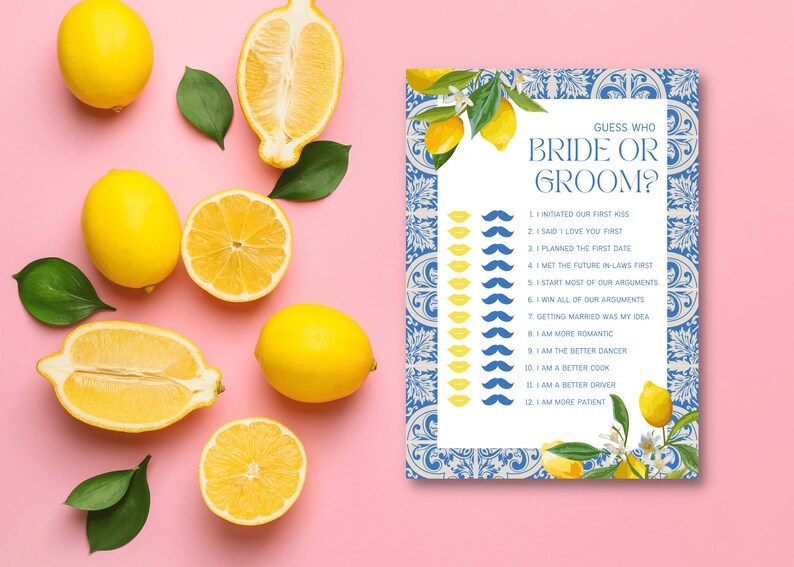 Lemon Bridal Shower Game, AMERICAN and AUS Spelling, Blue Tile Lemon
