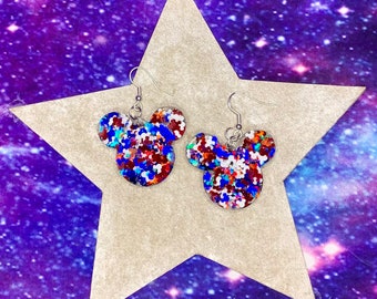 Fourth of July Mouse Earrings, Red White Blue Holo Glitter