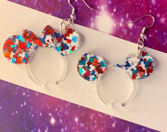 Red White Blue Glitter Mouse Headband Earrings, Hypoallergenic