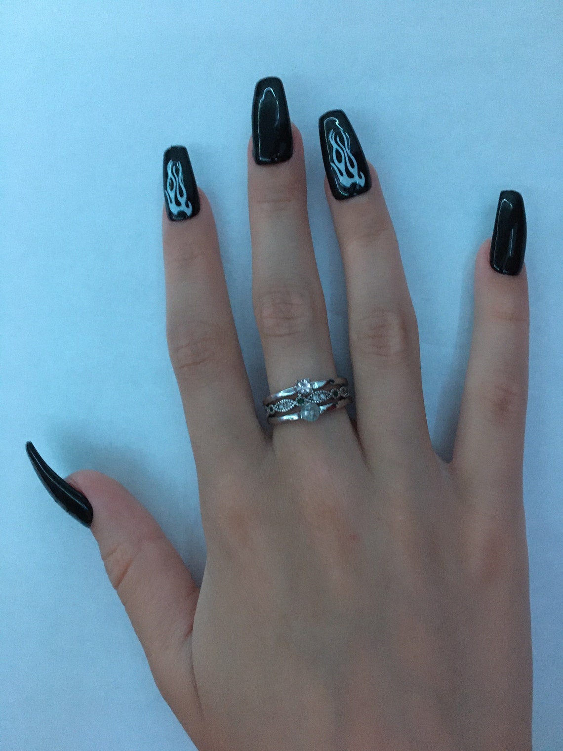 Black With White Flames Nails 10 Count Etsy