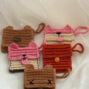 Monedero de crochet con asa – Hilo 100 % algodón – Monedero con forma de animalito – Oso, gato, naranja – Pequeño regalo hecho a mano – Bolsita kawaii