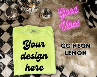 Comfort Colors 1717 Neon Lemon Mockup, C1717 Trendy Spring Mock-up, Retro Summer Mock, Safety Yellow, POD Seller Tools