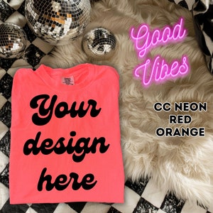 Comfort Colors 1717 Neon Red Orange Mockup, C1717 Trendy Spring Mock-up, Retro Summer Mock, Bright Orange, POD Seller Tools image 1