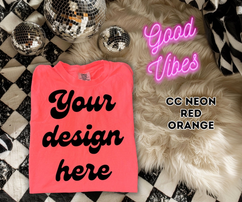 Comfort Colors 1717 Neon Red Orange Mockup, C1717 Trendy Spring Mock-up, Retro Summer Mock, Bright Orange, POD Seller Tools image 1