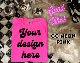 Comfort Colors 1717 Neon Pink Mockup, C1717 Trendy Springs Mock-up, Retro Summer Mock, Safety Pink, POD Seller Tools