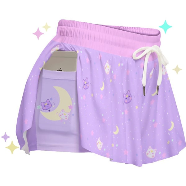 Stardust Kitty Taschenshorties | Moon Cat Space Pastel Alt Kleidung, Flowy Kawaii Shorts