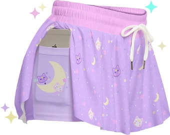 Stardust Kitty Pocket Shorties | Moon Cat Space Pastel Alt clothing, Flowy Kawaii Shorts