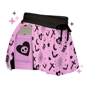 Soft Goth Flowy Shorts | Pink Skull Spooky Pastel Goth, Alt clothing, Pink Halloween, Kawaii Shorts