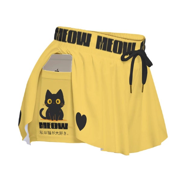 Tokyo Cat  Flowy Shorts | Jfashion Cute Neko Bottoms | Kawaii Clothing Cat | Trendy Black Cat Aesthetic | Pastel Goth Gift For Her