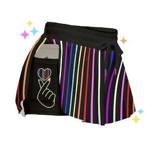 Rave Love Flowy Shorts | LGBTQ Rainbow Bottoms | Cute Neon Korean Finger Pride Gift for Them