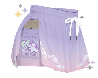 Kawaii Unicorn Pocket Shorties | Cute Flowy Shorts, Pastel Alt clothing, Kawaii Shorts, Gamer Girl Ombre Pink Purple Bottoms, Cutecore Gift