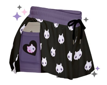 Katzen Schädel Flowy Shorts | Pastell Goth Kleidung | Gruseliges nettes Geschenk für sie