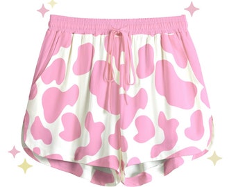 Pink Cow Print Shorts | Soft-style Boho Pocket Shorts Pastel Kawaii Strawberry Milk Pink Cow Print - Ladies Pocket Short
