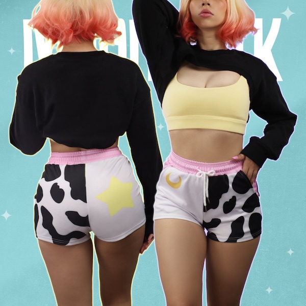 Moon Milk Pocket Shorts | E Mädchen Kleidungsstil | Harajuku Kuh Print Ästhetische Shorts | Kawaii Kleidung