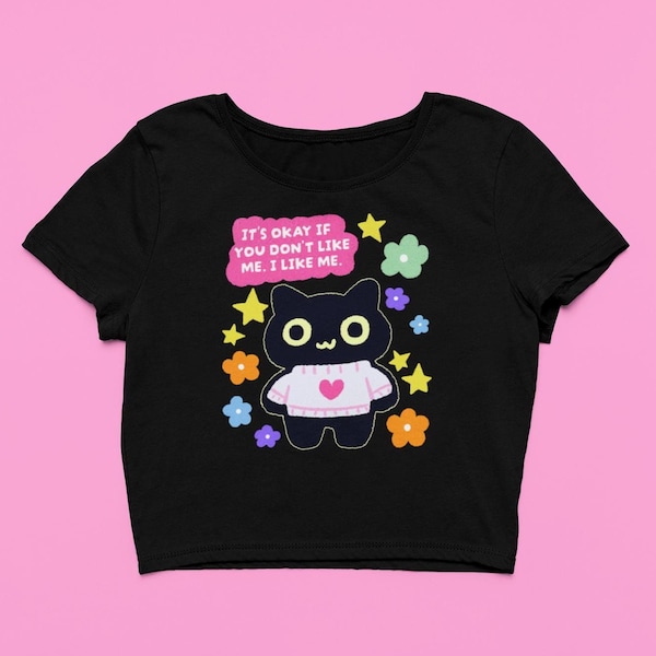Positive Kitty Cat Baby Tee | SNUG FIT | Cute Vintage Doodle Art Graphic Crop Top | Kawaii Shirt | Gift For Her | Womens Gift For Cat Lovers