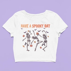 Dancing Skeleton Baby Tee | Vintage Style Halloween Crop Top, Fitted Graphic Top, Retro Pumpkin Shirt, Spooky Fall Gift For Her