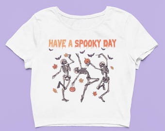 Dancing Skeleton Baby Tee | Vintage Style Halloween Crop Top, Fitted Graphic Top, Retro Pumpkin Shirt, Spooky Fall Gift For Her
