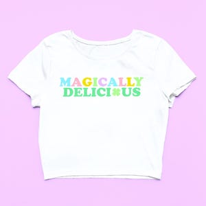 Magically Delicious Baby Tee | Cute Clover Fitted Graphic Top | Y2K Crop Top | Gift For Girlfriend | St Patricks Day Gift For Her