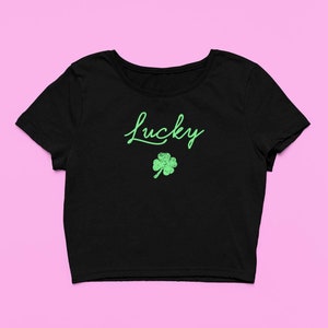 Lucky Crop Top | Cute Clover Fitted Graphic Top | Y2K Baby Tee | Gift For Girlfriend | St Patricks Day Gift For Her