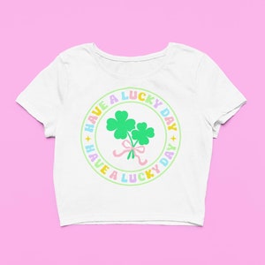 Lucky Day Crop Top | Cute Clover Fitted Graphic Top | Y2K Baby Tee | Gift For Girlfriend | St Patricks Day Gift For Her