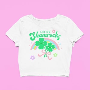 Lucky Shamrocks Crop Top | Cute Clover Fitted Graphic Top | Y2K Baby Tee | Wildflowers Gift For Girlfriend | St Patricks Day Gift For Her