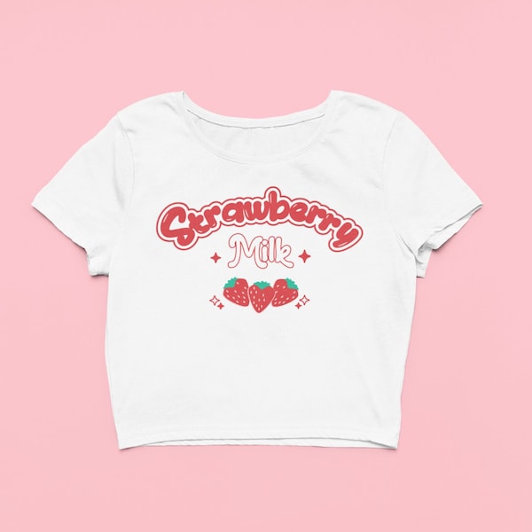 Strawberry Milk Crop Top | Cute Fitted Graphic Top | Y2K Baby Tee | Kawaii Gift For Girlfriend | Strawberry Shirt | Gift For Her