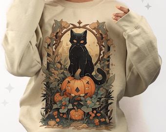 Halloween Black Cat Spooky Fall Sweatshirt | Autumn Pumpkin Sweatshirt, Trendy Halloween Sweater, Cat Lovers Gift