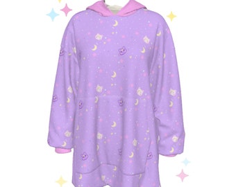 Stardust Kitty Hoodie Blanket | Oversize Sherpa | Moon Cat Pastel Alt clothing | Wearable Blanket | Kawaii Clothes | Best Friend Gift