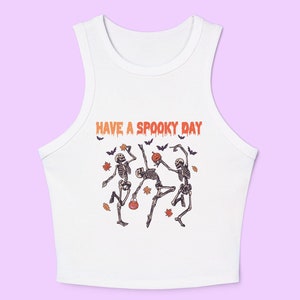 Dancing Skeleton Rib Racer Tank | SNUG FIT | Cute Goth Retro Graphic Crop Top | Pumpkin Halloween | Gift For Her | Baby Tee Styled Tank Top