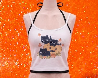 Spooky Cottagecore Black Cat Halter Top • Cozy Summerween Pumpkin Graphic Tank • Cute Y2K kawaii Crop Top • Autumn Aesthetic Gift for Her