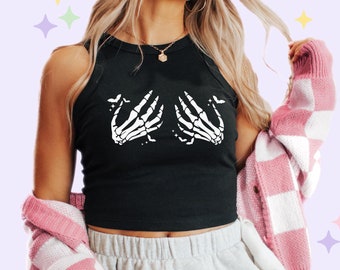 Skeleton Hand Racer Tank | SNUG FIT | Horror Goth Y2K Graphic Crop Top | Halloween Shirt | Spooky Cute Gift for Her | Baby Tee Styled Tank