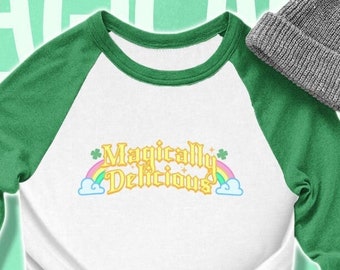 Magically Delicious - St Patricks Day shirt, Trendy Rainbow Four Leaf Clover shamrock Baseball Tee-  Funny Party Drinking Shirt Shenanigans