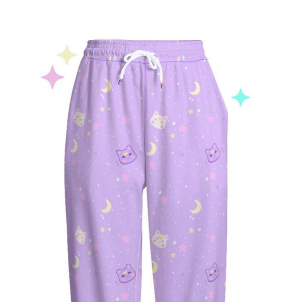 Stardust Kitty Sweatpants | Pastel Kawaii Moon Cat Trendy Pocket Pants | Cute Bottoms Kawaii Clothing