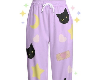 Black Cat Patch Celestial Joggers | Cute Pastel Moon & Star Bottoms | Y2K clothing, Cotton | Menhera Kawaii Sweatpants