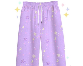 Stardust Kitty Trousers | Pastel Kawaii Moon Cat Trendy Pocket Pants | Cute Bottoms Kawaii Clothing
