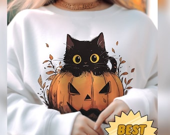Spooky Black Cat Sweatshirt | Autumn Pumpkin Sweatshirt, Fall Cat Lovers Gift