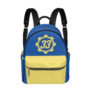 May include: Blue and yellow backpack featuring the number 33 within a yellow cogwheel emblem. The bag has a yellow front pocket with a black zip and black straps.