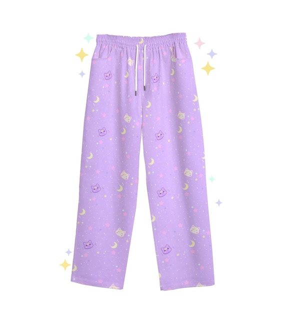 Stardust Kitty Trousers Pastel Kawaii Moon Cat Trendy Pocket