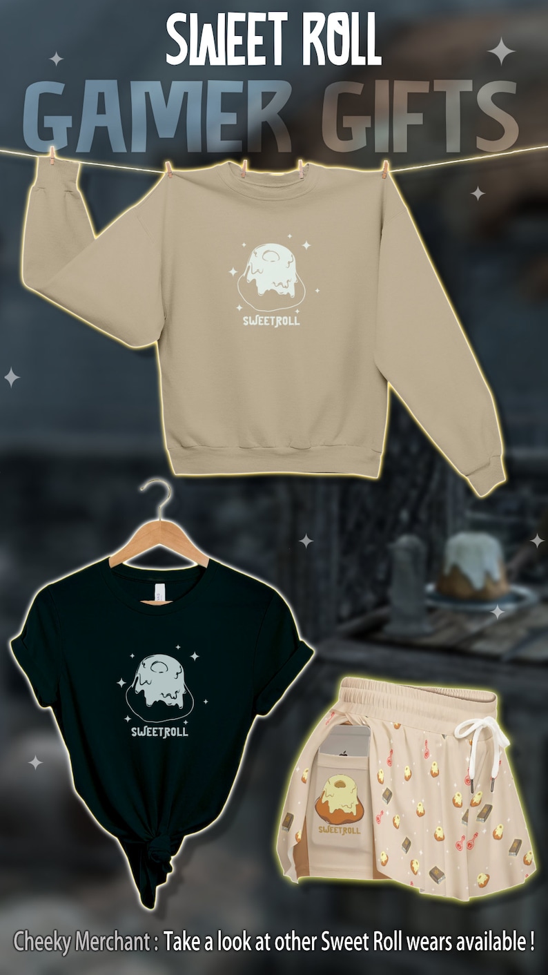 May include: A set of gamer gifts featuring a beige sweatshirt, a black t-shirt, and a pair of beige shorts. All three items feature a cartoon image of a sweet roll with the text "Sweetroll".